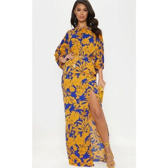 PrettyLittleThing Cobalt Tropical Print Batwing Split Leg Maxi Dress Sz 10 NWOT - Picture 1 of 11
